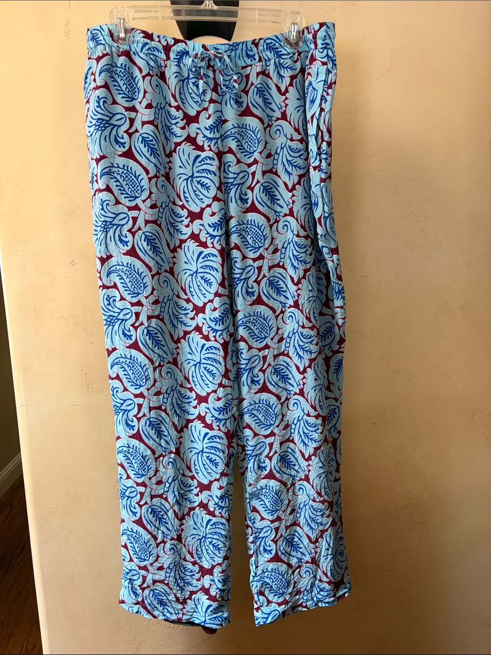 Sz 16 J.Crew Light Blue & Maroon Printed 100% Silk Pants